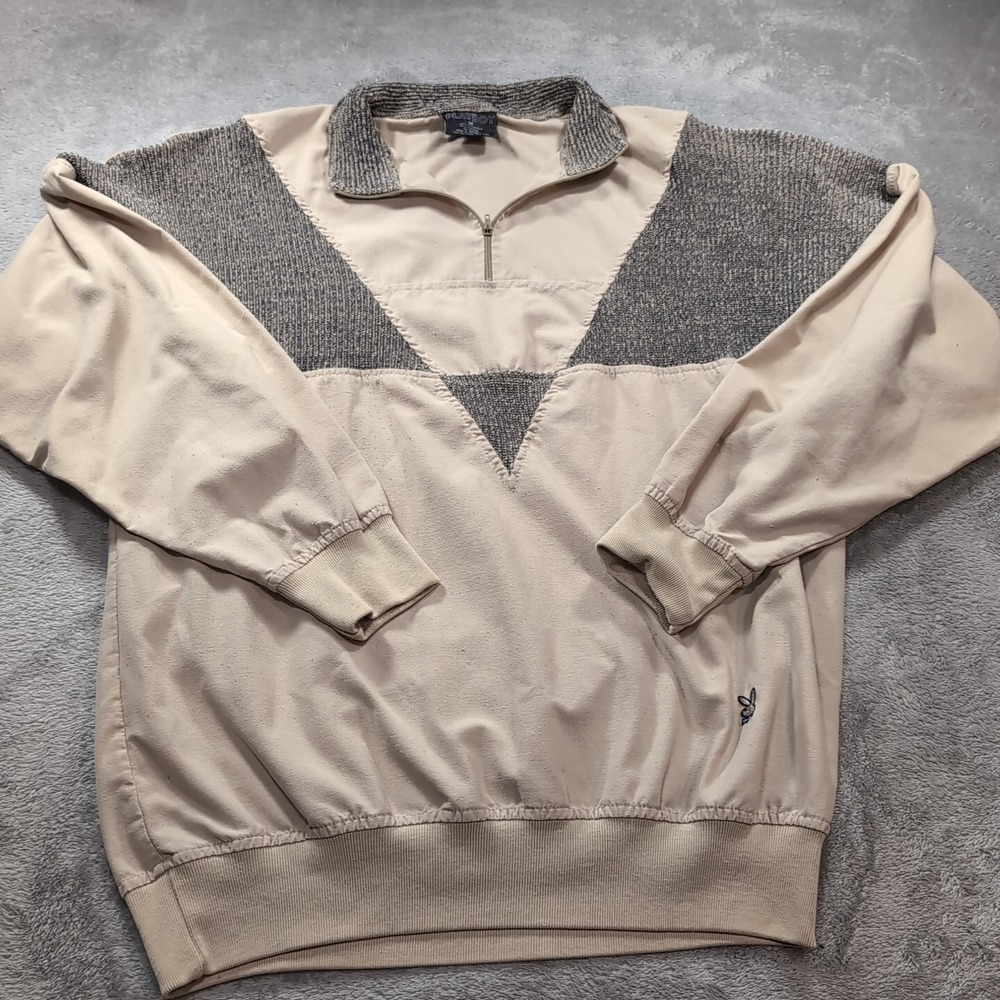 Vintage 80s Adult Medium‎ M Playboy Jacket Retro 1/4 Zip Pullover Beige